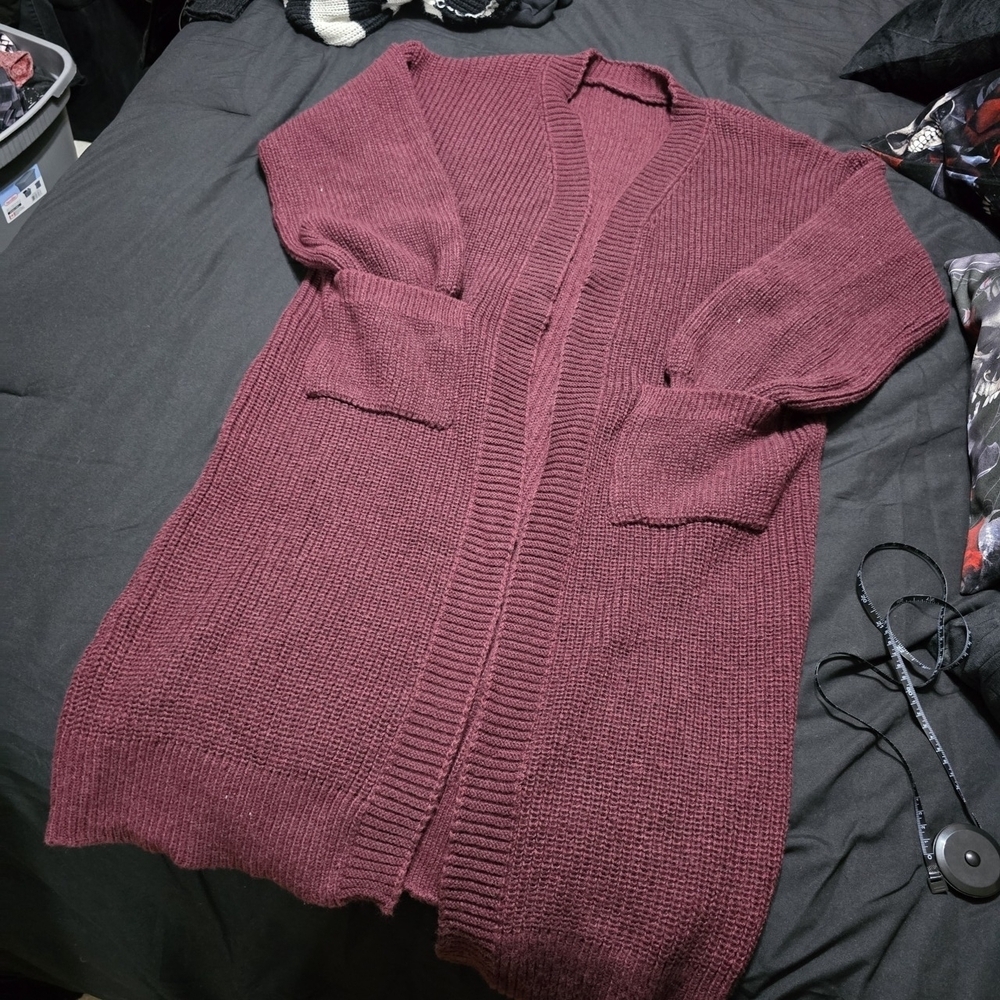 Women's Burgundy Oversized Longline Knit Cardigan, Small